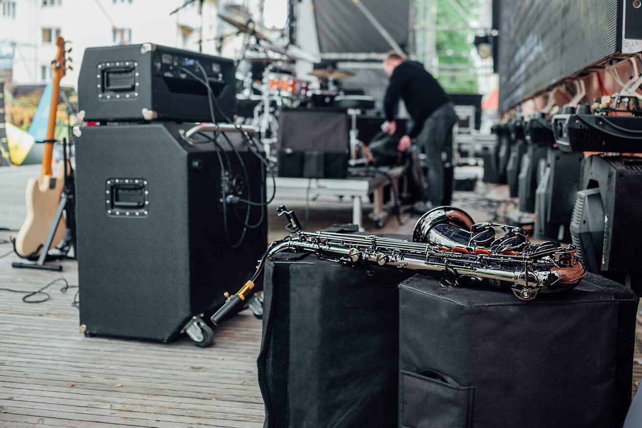 Stage set with backline and equipment